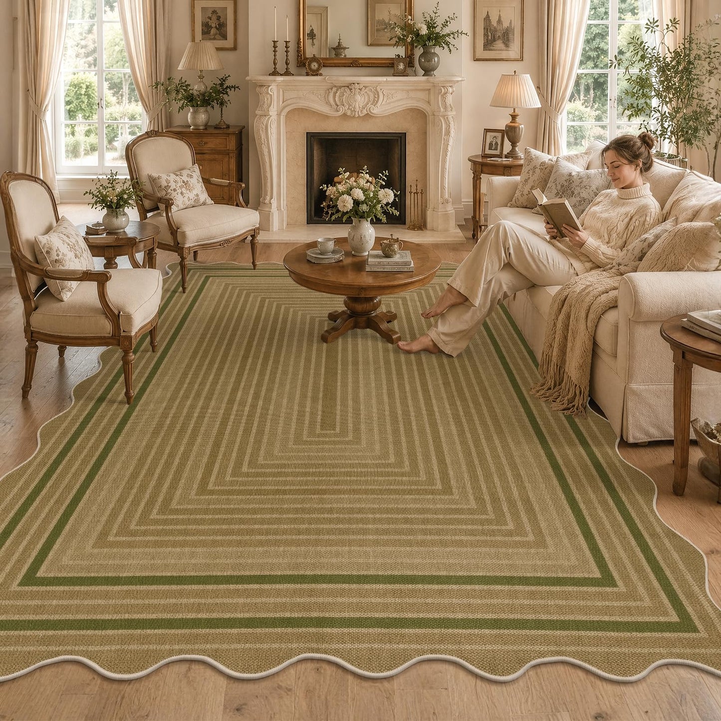 Yamaziot Washable Indoor Outdoor Rug 5x8, Scalloped Geometry Faux Tan Jute Outdoor Carpet Non Slip Modern Woven Textured Patio Rug for Backyard Balcony Deck, Green