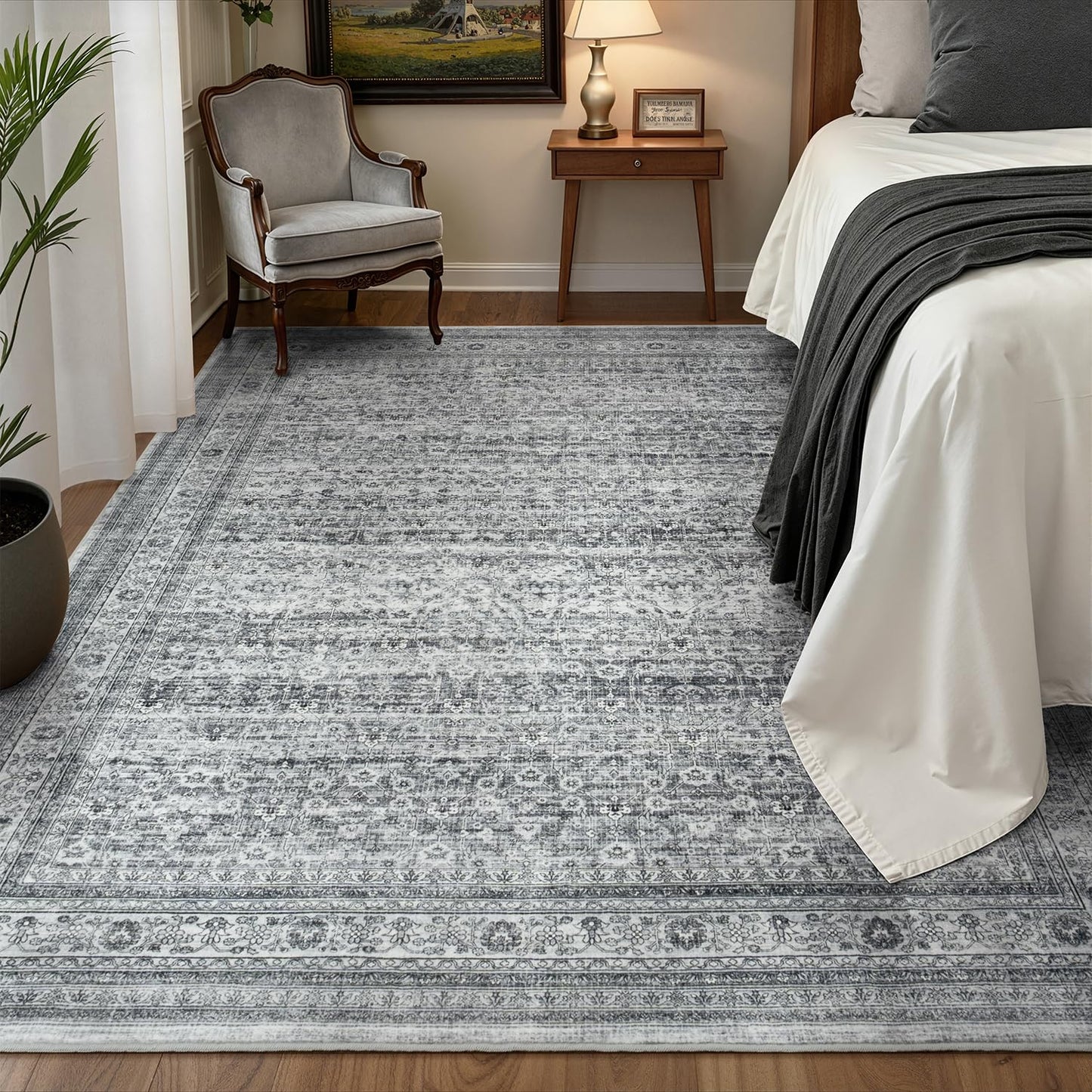 Vibrug Area Rug 6x9 Foggy Grey Vintage Washable Living Room Rugs Farmhouse Distressed Retro Floral Non-Slip Low Pile Stain Resistant Neutral Carpet for Office, Nursery, Lounge, Bedroom Foot of Bed