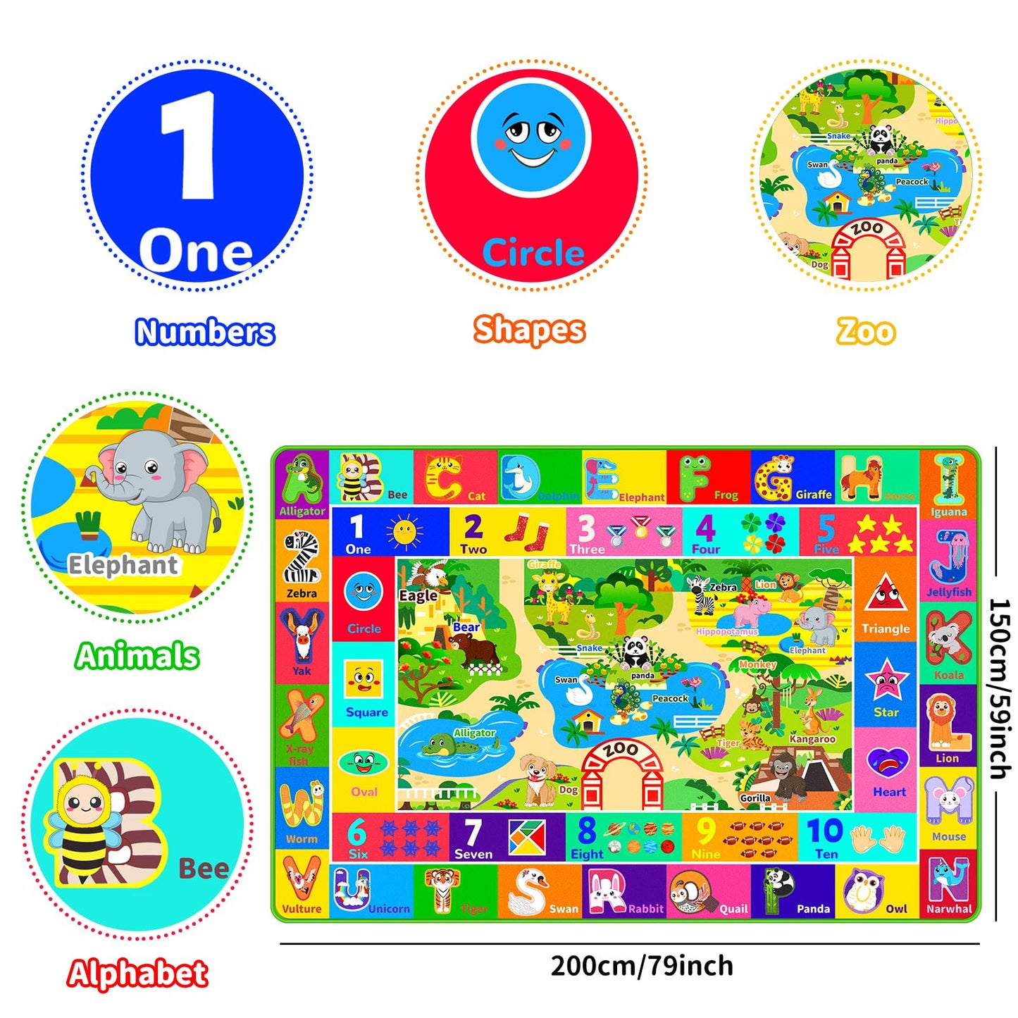 Mfmiudole Kids Rug for Playroom, Soft & Non-Slip Educational Rug with ABC, Animals, Numbers, Floor Play Mat for Kid, Preschool Classroom Rugs Playmat for Nursery Kids (78.7X59 inch, Zoo)