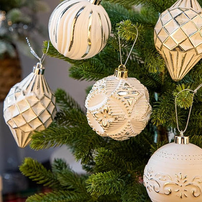 16PCS Shatterproof Christmas Ball Ornaments Set, Hand-Painted Holiday Decor with Assorted Sizes & Designs for Christmas Tree Thanksgiving Party Decoration, Champagne-White