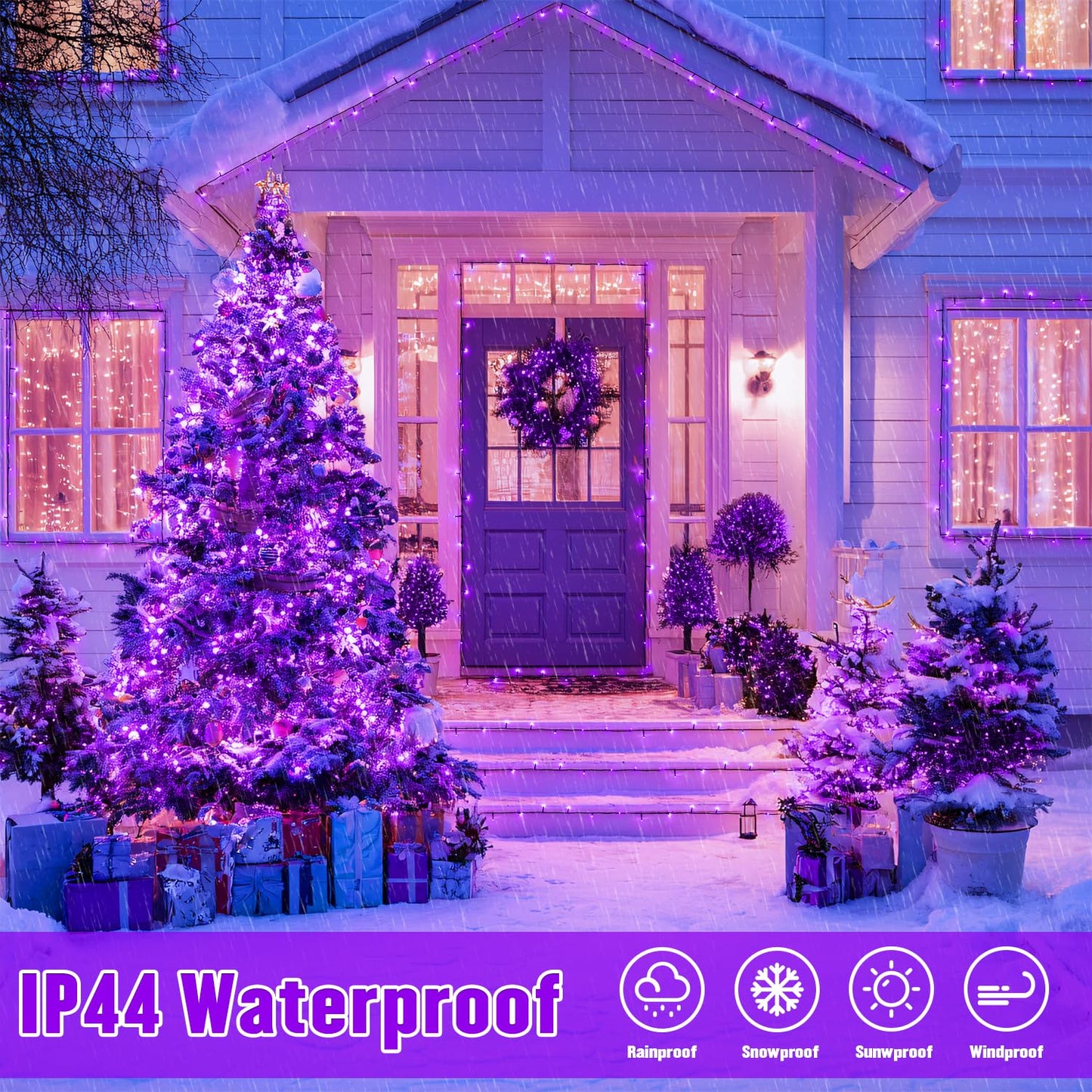 JMEXSUSS Purple Christmas Lights Battery Operated, 2 Pack 100 LED Outdoor Purple String Lights Waterproof, Each 33 FT Christmas Tree Light Indoor for Halloween Decorations Party Porch Garden Decor