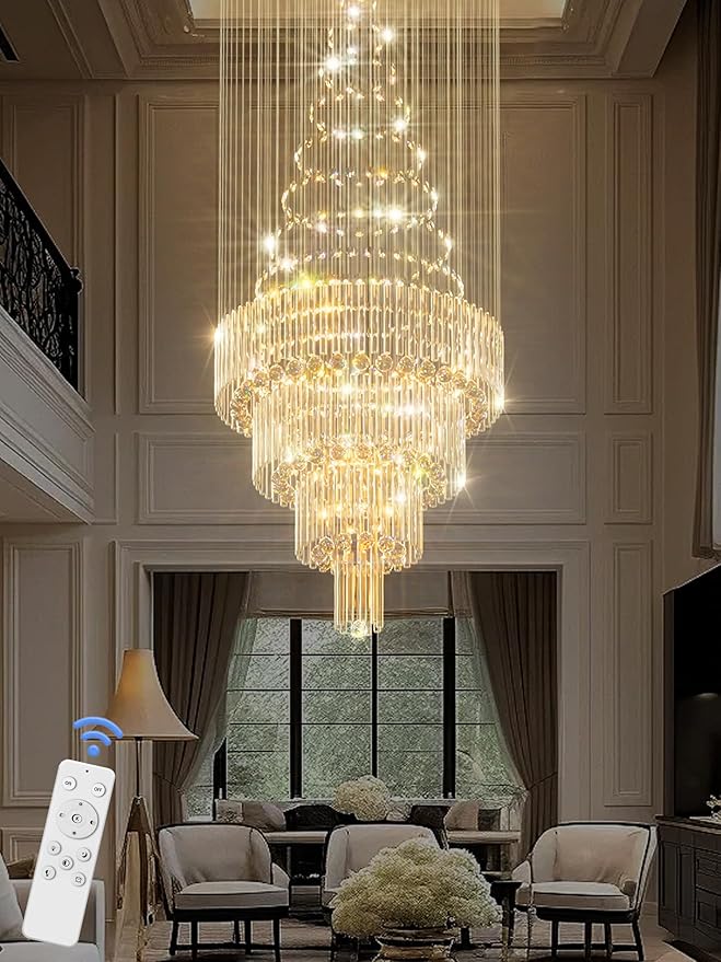 Flashing God D32''XH100'' Modern Large Chandelier for High Ceiling Raindrop Crystal Chandelier High Ceiling Pendant Light Fixture for Hallway Living Room Gold Stairwell Chandeliers