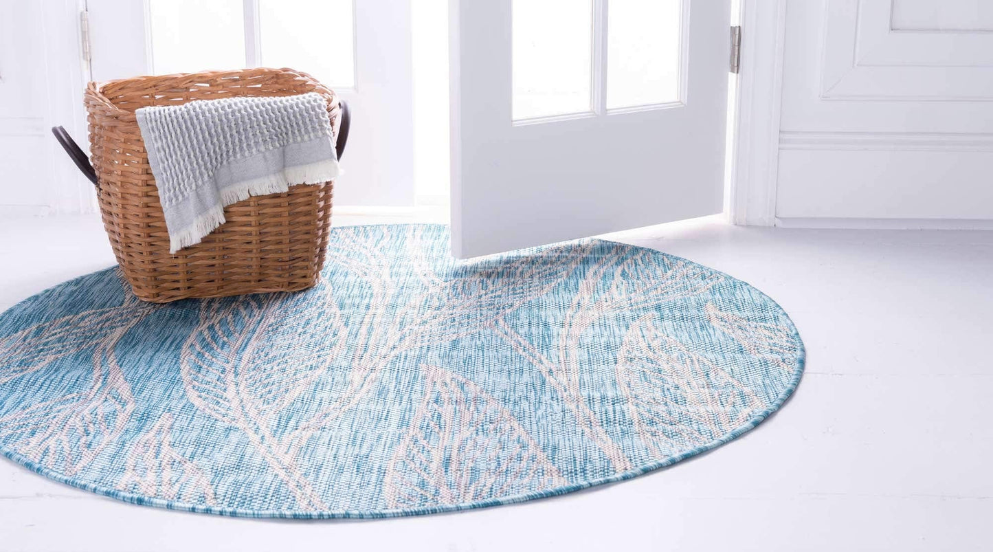 Unique Loom Outdoor Botanical Collection Area Rug - Leaf (4' 1" Round, Light Aqua/ Ivory)