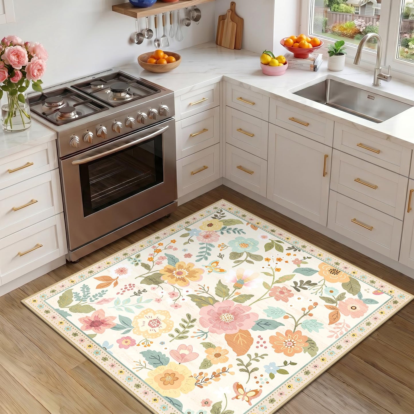 RELEANY Floral Square 5ft Area Rugs Washable Print Boho Cute Carpet Non Slip Flower Low Pile for Living Room Bedroom Kitchen Office Farmhouse-Beige/White/Orange