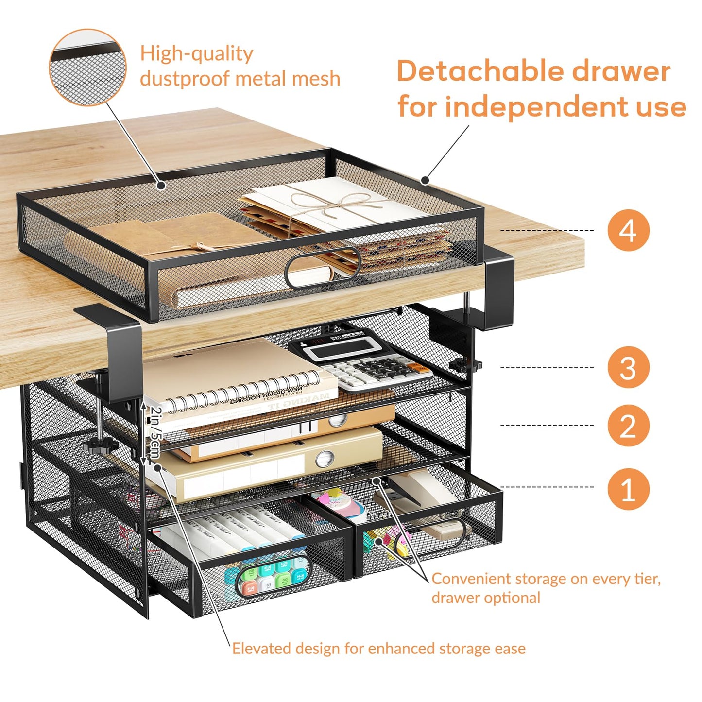 Under Desk Drawer Organizer 3 Layer, Large Under Desk Storage Side Drawers for Home & Office, Drill-Free Clamp-on Installation for Small Space, Spacious Storage for Office Supplies, Papers