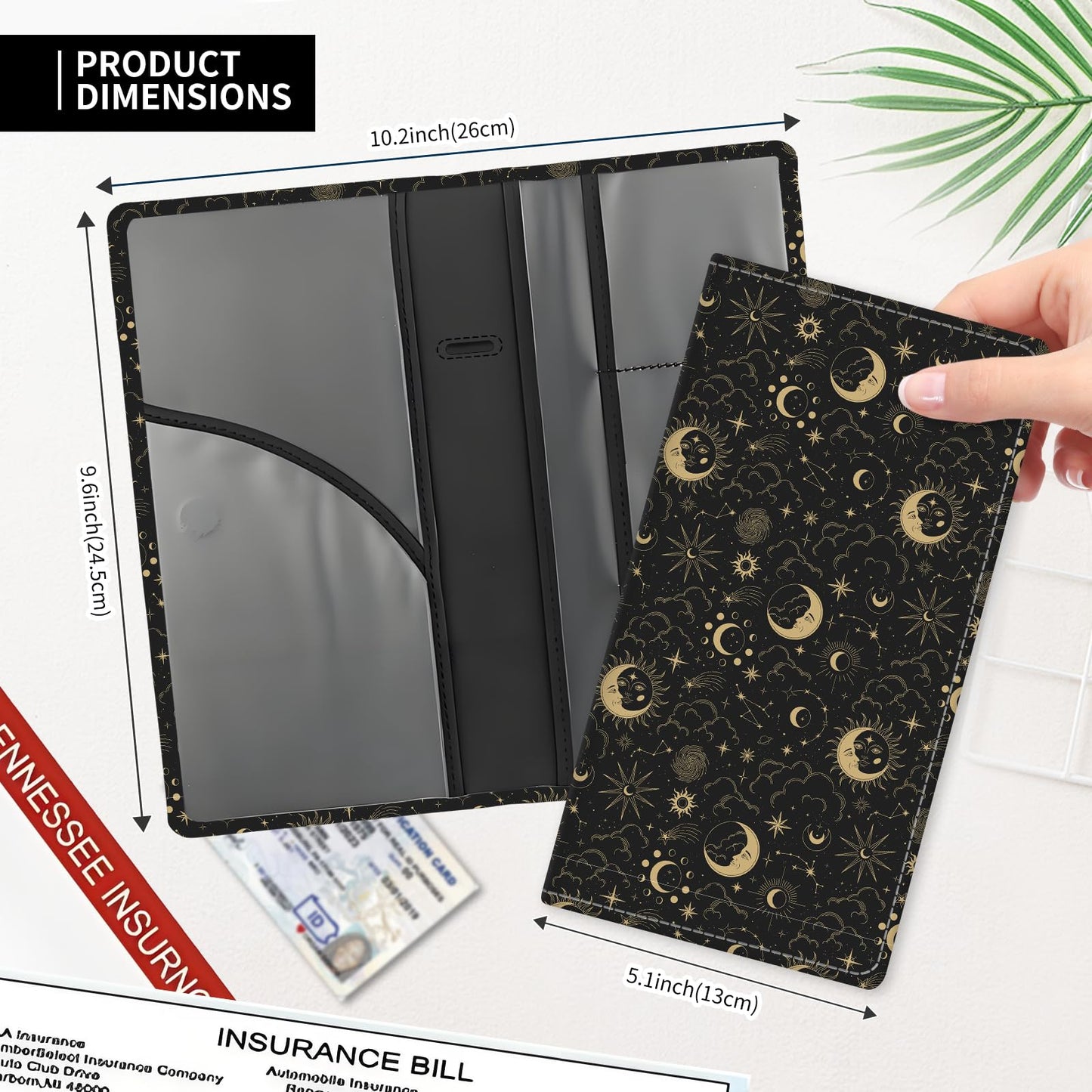 ADUQLZUX Leather Car Registration and Insurance Card Holder, Cute Car Accessories Vehicle Glove Box Car Organizer for Documents, Cards, License Cute Boho Sun Moon
