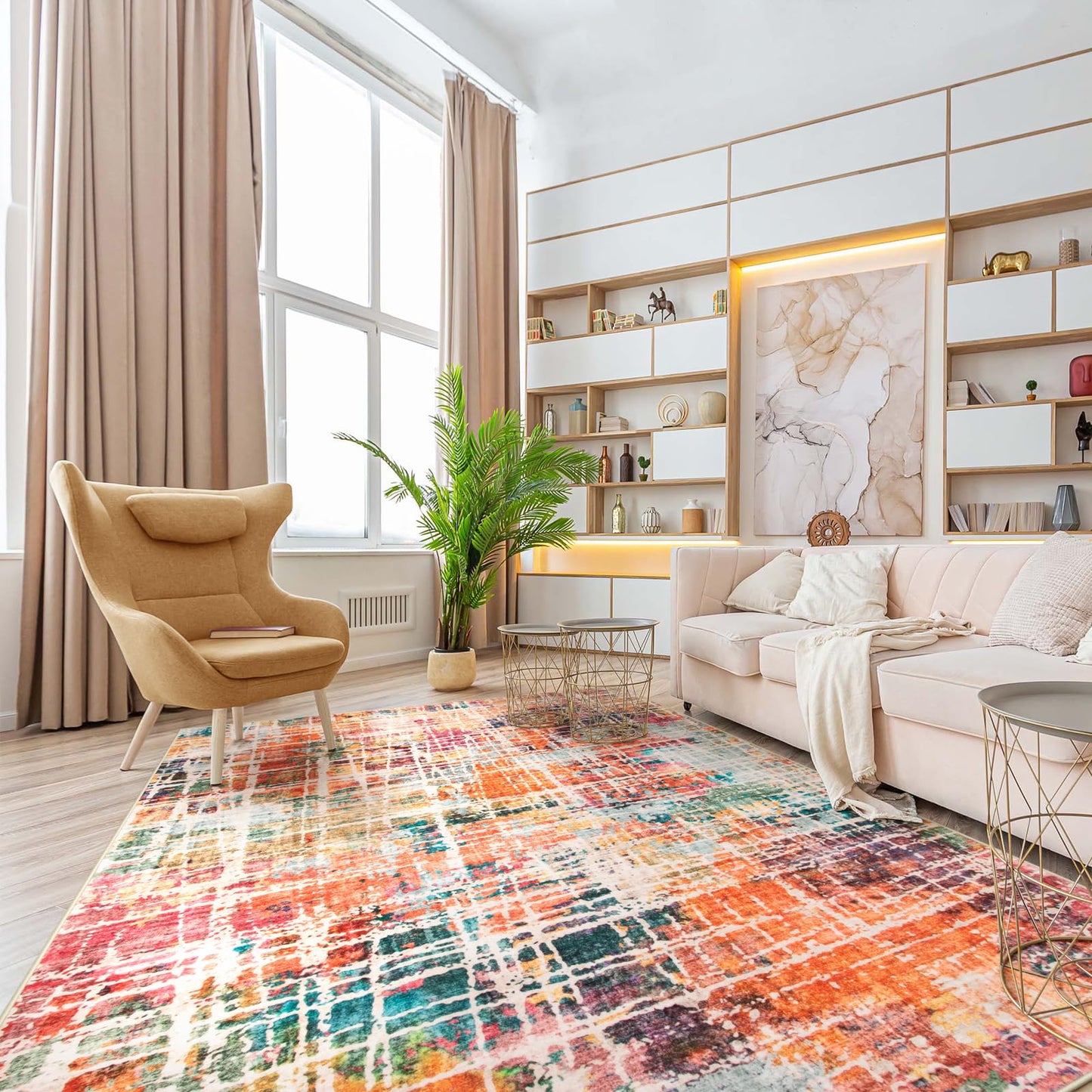 Beeiva Abstract Living Room Carpet 6x9, Modern Washable Non Slip Area Rug, Ultra Thin Foldable Low Pile Rugs for Bedroom Dining Room Playroom Office - Multicolor