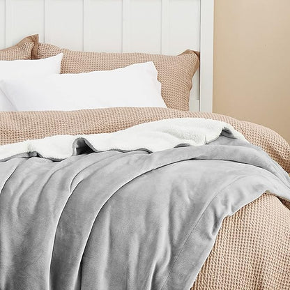 Bedsure GentleSoft Sherpa Fleece Blankets Queen Size for Bed - Thick and Warm, Soft Fuzzy Plush Queen Blanket for Winter, Light Grey, 90x90 Inches
