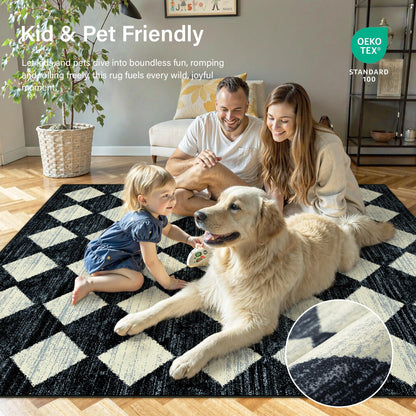 Lahome Zelie Checkered Washable 8 x 10 Area Rugs for Living Room, Black Bedroom Rug 8x10 Under Bed, Geometric Trellis Soft Ultra-Thin Indoor Carpet for Dining Room Dorm Kids Playroom (8'x10',Black)
