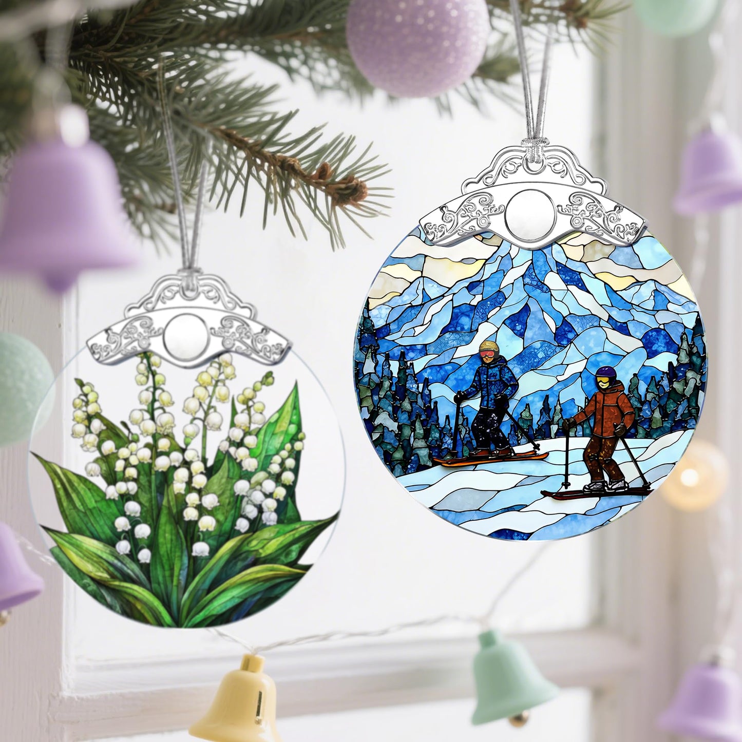 Stained Glass Skiing Christmas Ornament: Christmas Tree Ornaments & Decor, Holiday Decor – Holiday Presents, Gift Ideas & Gifts for Friends, Coworker, and Family