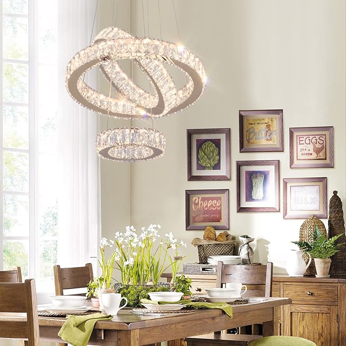 FRIXCHUR 3 Ring LED Chandelier Modern Crystal Chandeliers LED Pendant Lights Gold Ring Chandelier for Bedroom Dining Room High Ceiling Foyer (3000K Warm Light)