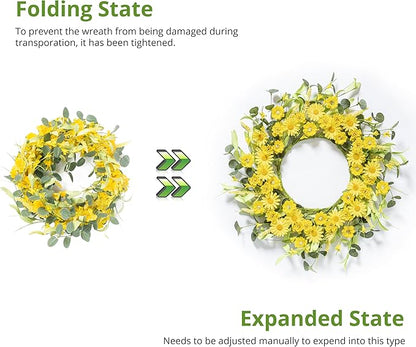Spring Summer Door Wreath 20 Inch Yellow Daisies/Forsythia Flowers with Eucalyptus Leaves Seasonal Wreath for Front Door, Wall, or Porch Patio Decor