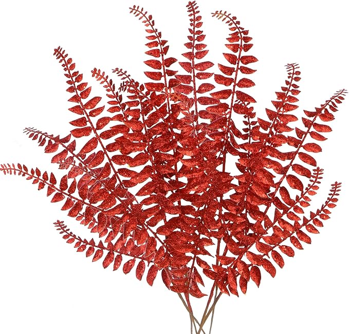 DILATATA 6Pcs Christmas Glitter Leaves Boston Fern Leaves 25" Artificial Red Fern Leaf Picks Sprays Giltter Stems for Christmas Tree DIY Xmas Wreath Garland Home Decor - Red