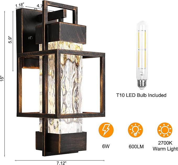 PARTPHONER Modern Outdoor Light Fixture Dusk to Dawn Outdoor Lighting, 15" H Exterior Wall Sconce Waterproof Porch Light, Outside Light for House with Water Glass for Garage Doorway Black Brushed Gold