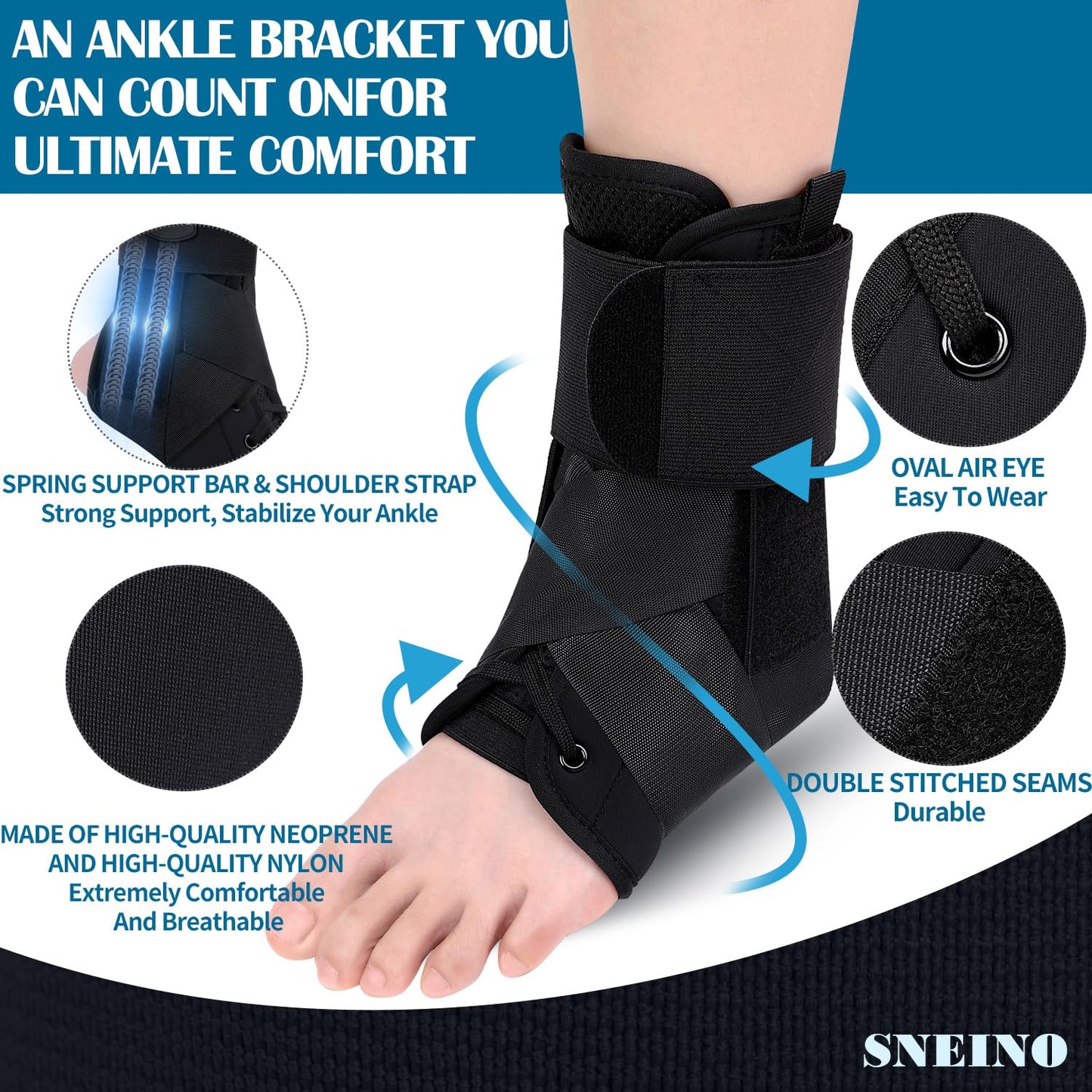 SNEINO Ankle Brace for Women Men - Ankle Support Brace for Sprained Ankle,Ankle Stabilizer for Achilles,Tendon,Sprain,Injury Recovery,Lace up Ankle wrap for Running,Basketball,Volleyball (Medium, Ankle Brace)
