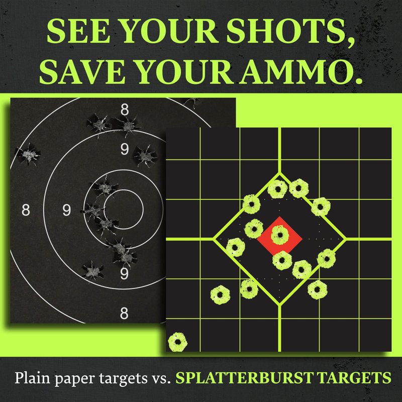 12"x12" Sight in Adhesive SPLATTERBURST Shooting Targets - Instantly See Your Shots Burst Bright Fluorescent Yellow Upon Impact! (25 Pack)