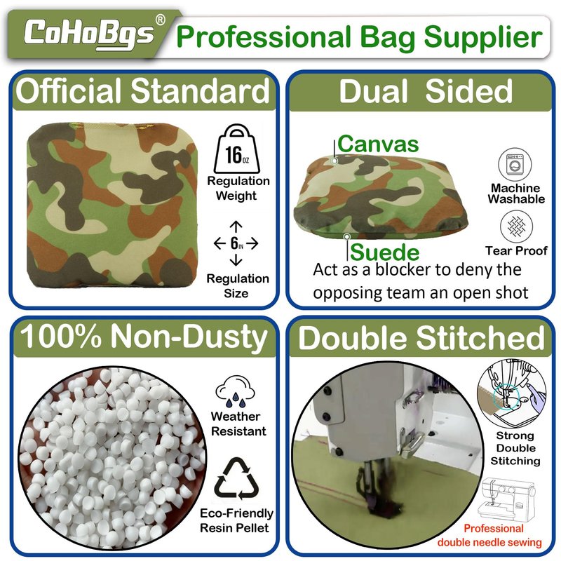 CoHoBgs Cornhole Bags Set of 8, Professional Corn Hole Bean Bags Dual-Sided Slick & Stick Resin Filled Suede and Duck Canvas Offical Bean Bag for Cornhole Toss Game Includes Carry Case