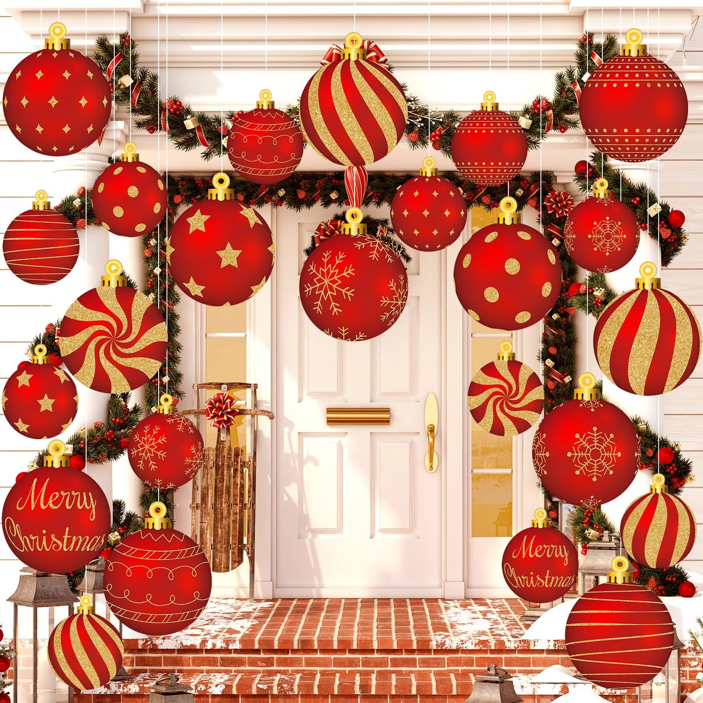Huwena 24 Pcs Christmas Decorations Outdoor Christmas Hanging Ornaments Peppermint Candy Yard Signs Double Sided Lawn Decorations Peppermint Ornaments for Xmas(Red, Gold)