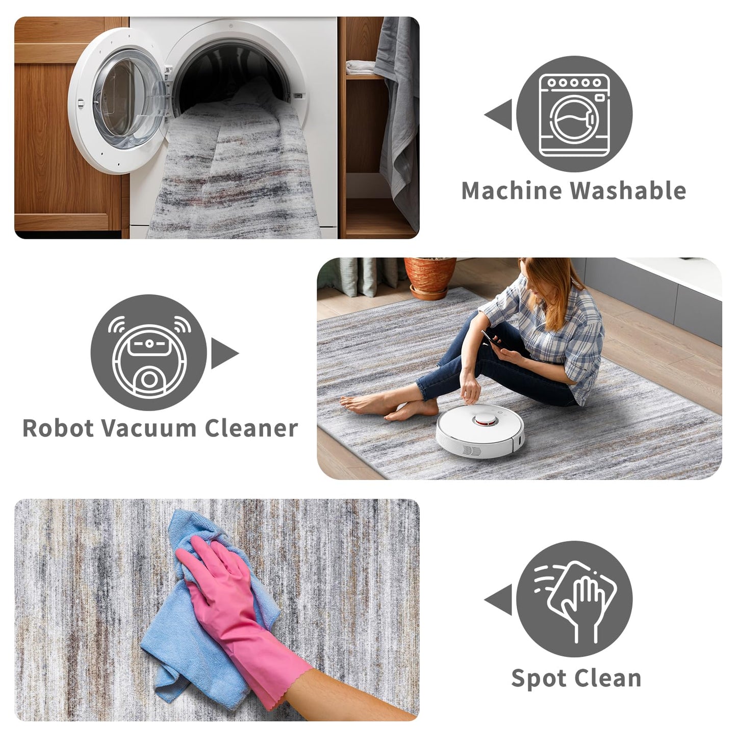 Washable Kitchen Runner Rug for Family: Easy-to-Clean Runners for Hallway Entryway Bedroom - Stain and Water Resistant Rugs with Non-Slip Backing - Soft Low-Pile Carpet 2x6 Beige Grey