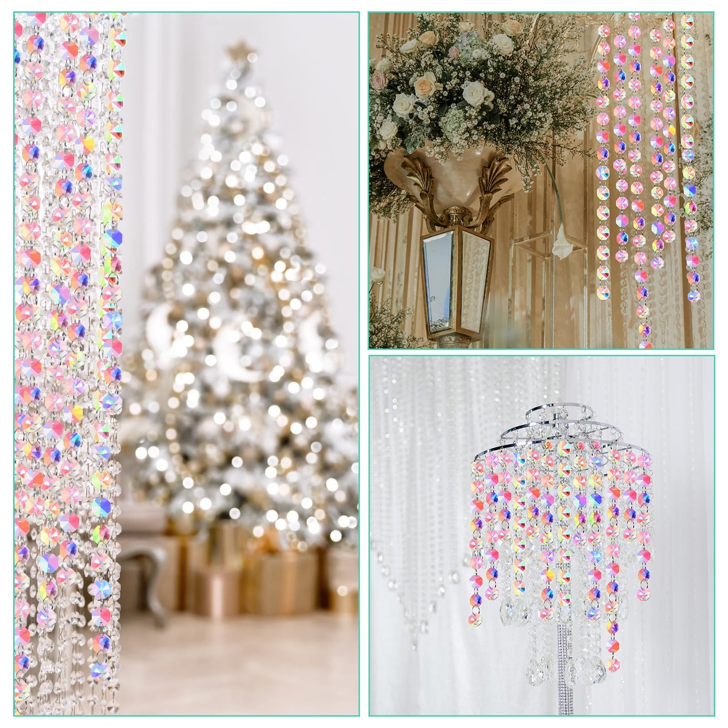 Blushtier Crystal Garlands Acrylic Octagon Bead Strands 14mm Iridescent Clear Diamond Hanging Chandelier Chain Ornament String for Wedding Manzanita Centerpiece Holiday Party(99 ft)