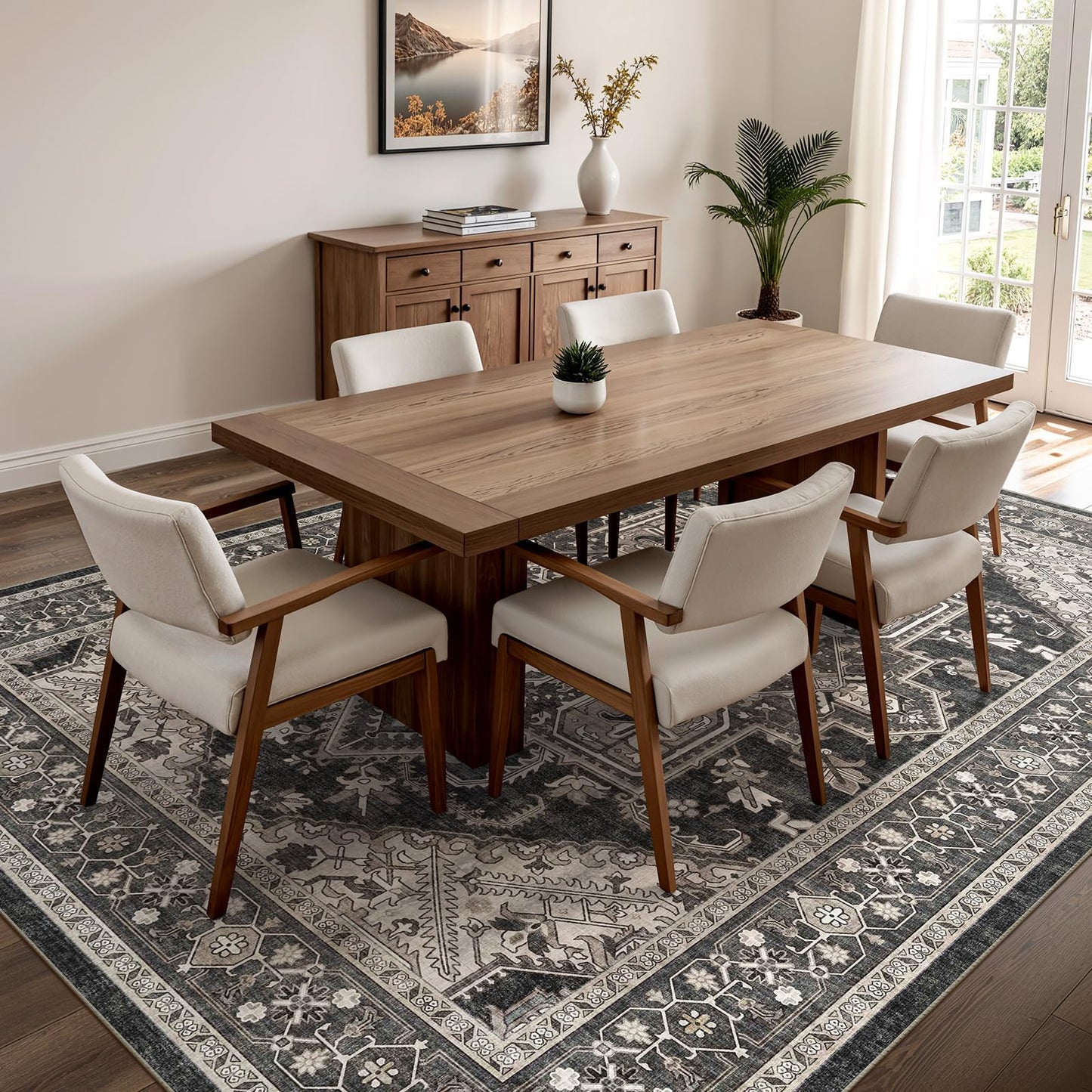 WITSHOCK Living Room Area Rugs 8x10: Washable Rug Boho Soft Non-Slip Low Pile Stain Resistant Foldable Carpet for Bedroom Playroom Dining Room Office Kitchen Farmhouse Home Decor Rug-Bitter Black