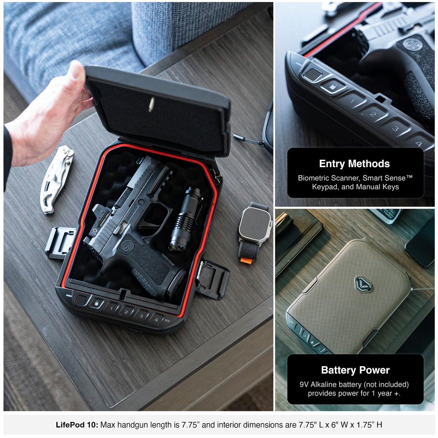 VAULTEK LifePod 10 Compact Lockable Weatherproof Case with Built-in Lock, Steel Security Cable, & TSA Handgun Case or Car Safe, Portable Travel Pistol Safe/Covert Black/Biometric