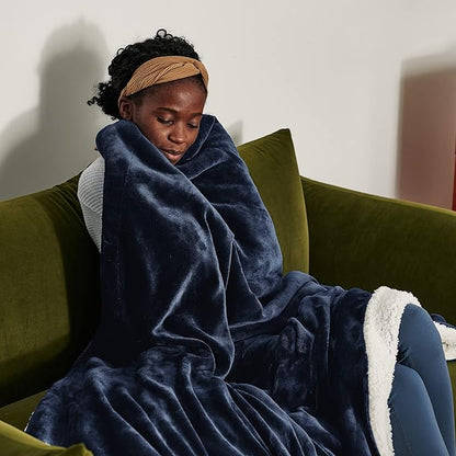 Bedsure GentleSoft Sherpa Fleece Blankets Queen Size for Bed - Thick and Warm Throw for Men, Soft Fuzzy Plush Queen Blanket for Winter, Navy, 90x90 Inches
