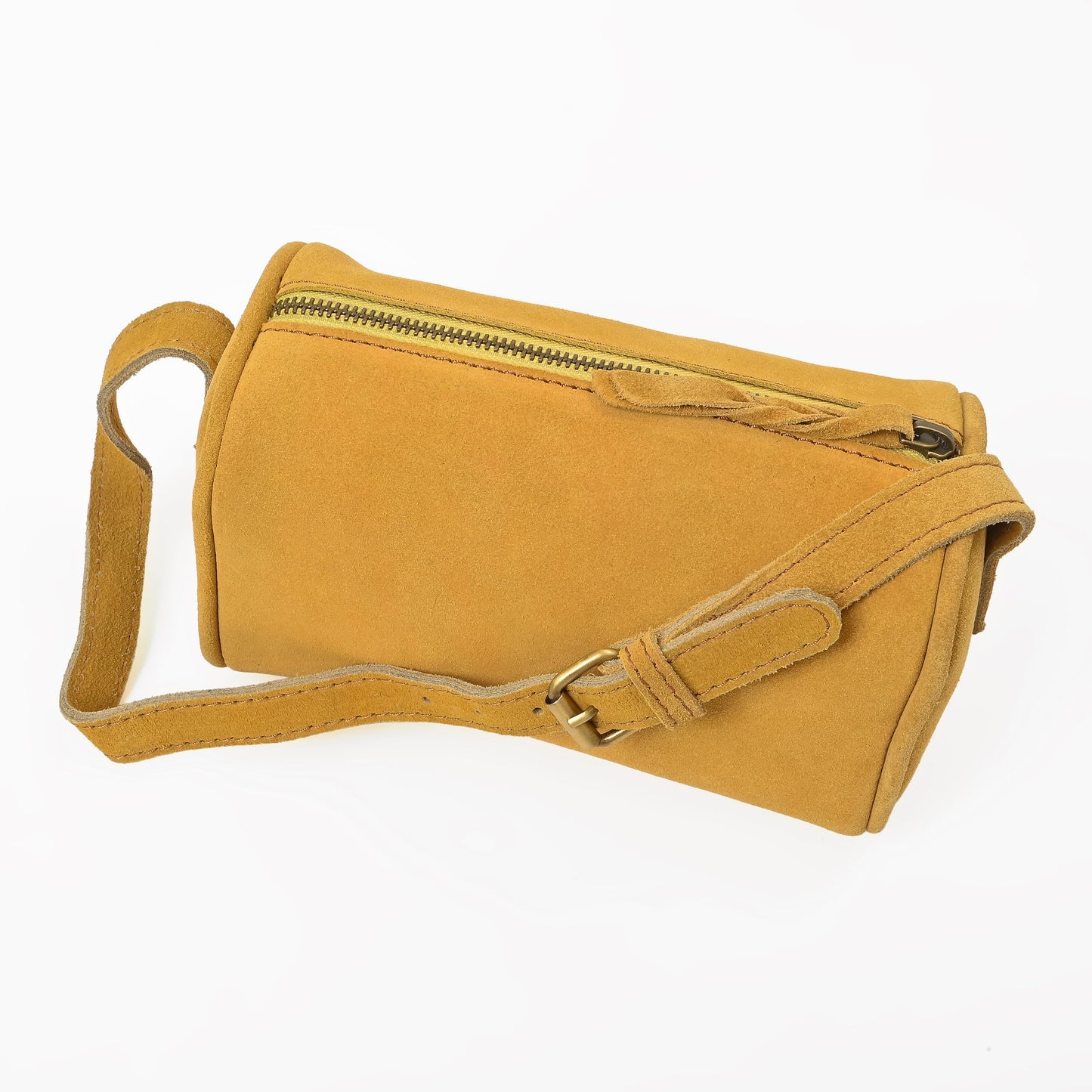 Merbaa Leather Cosmetic Bag for Women with Zipper Closure & Shoulder Strap, Small Genuine Suede Makeup Pouch Organizer Travel Toiletry Case Crossbody Sling Purse. Tan