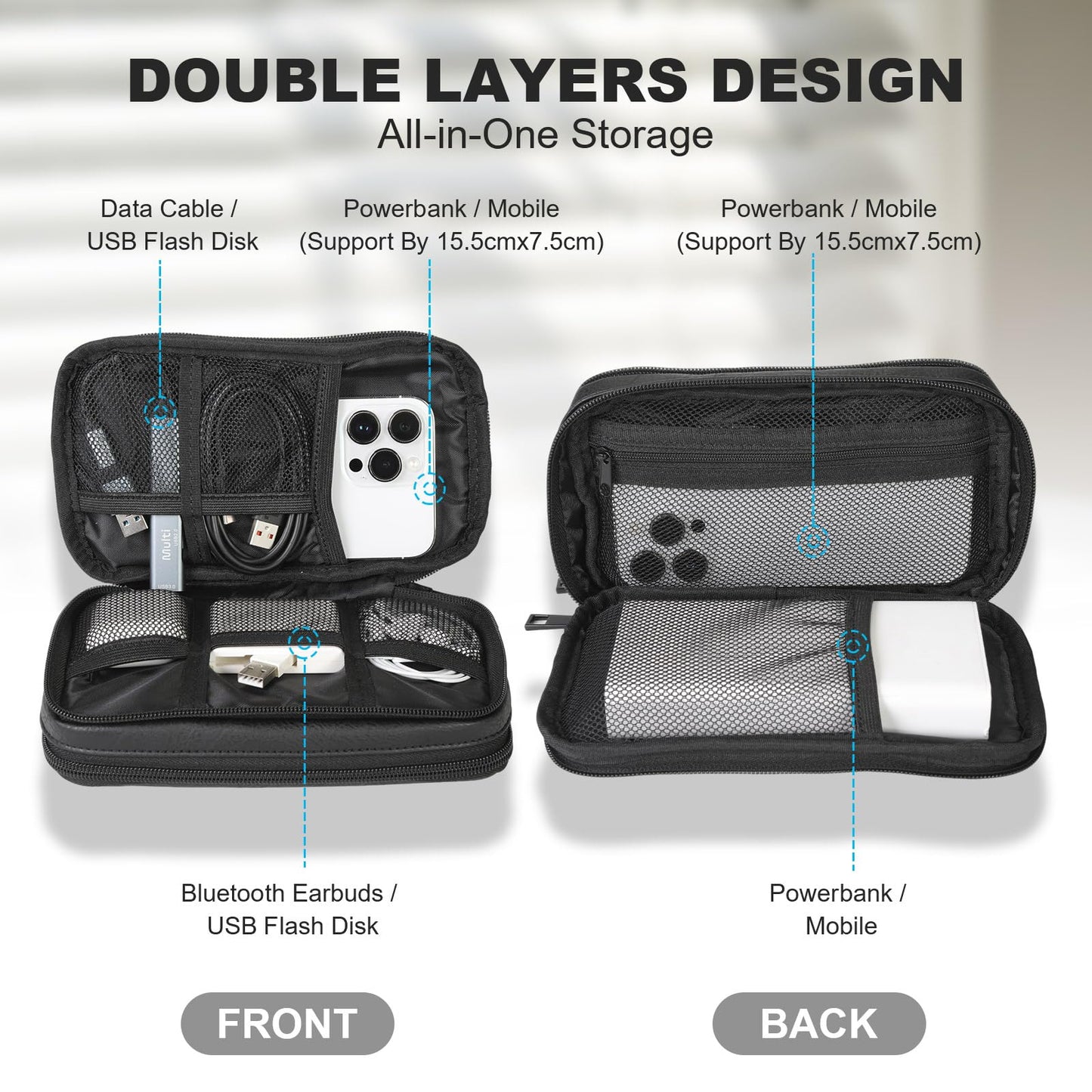 Ezday Travel Cable Organizer Bag, Electronic Accessories Carry Pouch, Portable Waterproof Double Layers All-in-One Storage Bag for Cord, Charger, Phone, Earphone (Black, Small)