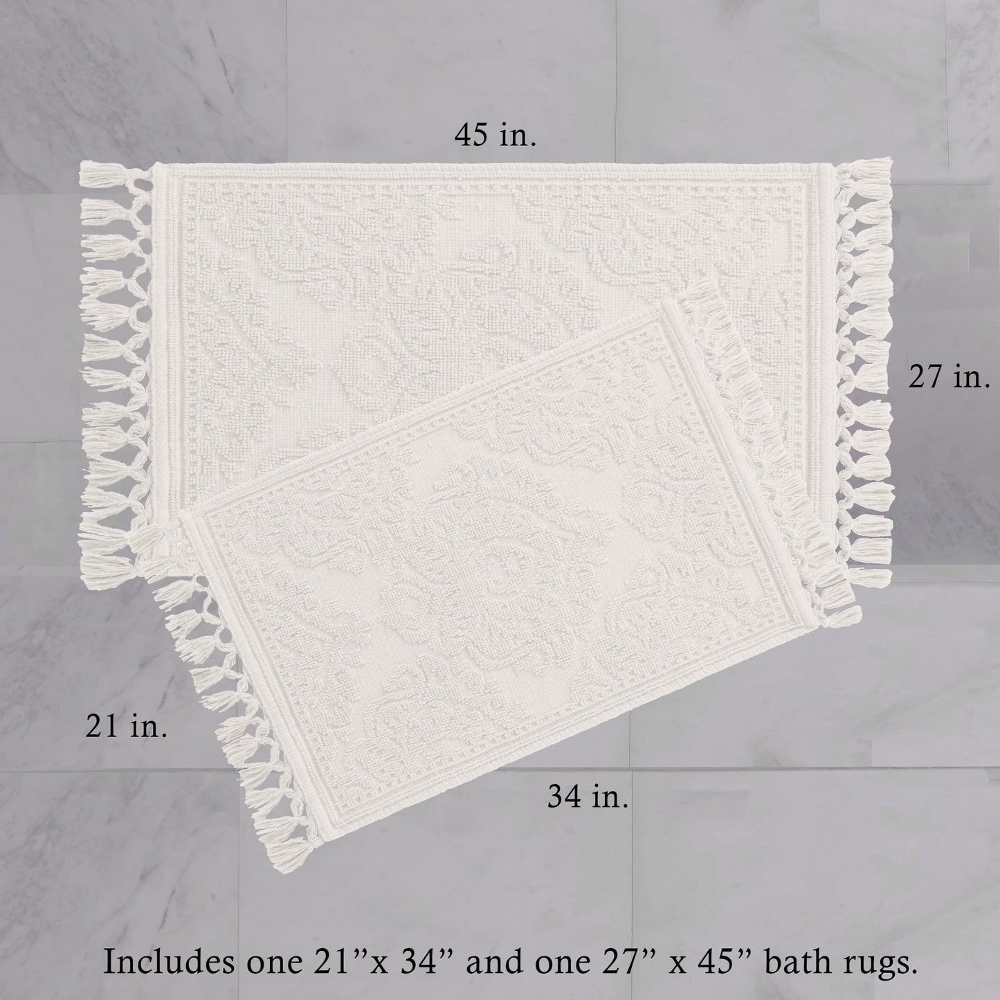 Jean Pierre - Ricardo Bath Mats, Set of 2 Woven Fringe Bathroom Rugs, 100% Cotton, Premium Bathroom Decor - Measures 17" x 31" and 21" x 41" - White