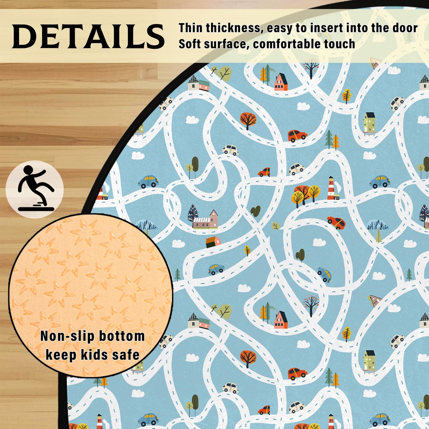HUXINO Kids Play Mat with Maze City Road Map, Non-Slip Half Circle Rug for Car Play, Interactive Educational Game Mat for Bedroom and Playroom, 36x24 Inch