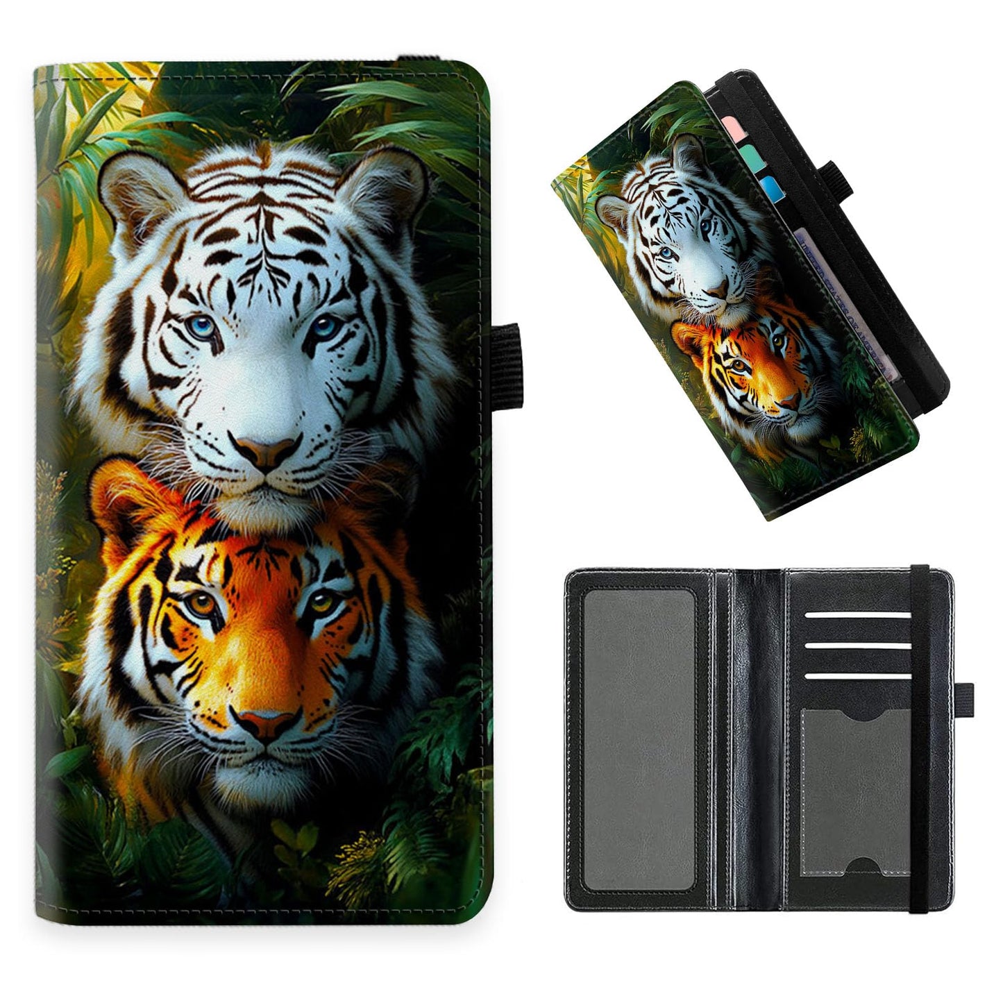 DISUOFEART Checkbook Cover for Men & Women, RFID Blocking Checkbook Holder Wallet for Personal Checks, Two Tigers in Jungle Durable Leather Check Book Cover with Elastic Strap