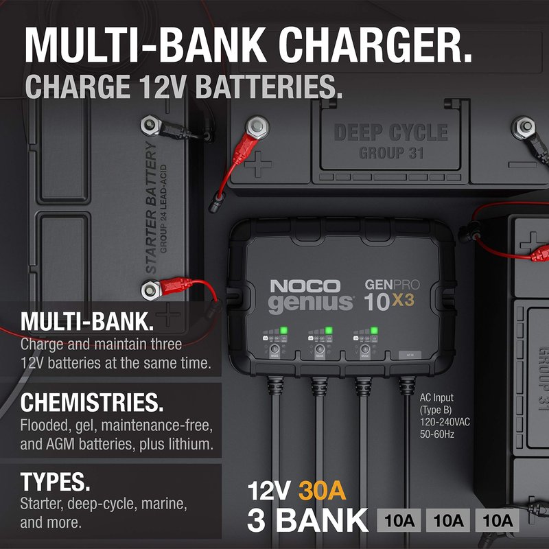 NOCO Genius GENPRO10X3, 3-Bank, 30A (10A/Bank) Smart Marine Battery Charger, 12V Waterproof Onboard Boat Charger, Battery Maintainer and Desulfator for AGM, Lithium (LiFePO4) and Deep-Cycle Batteries