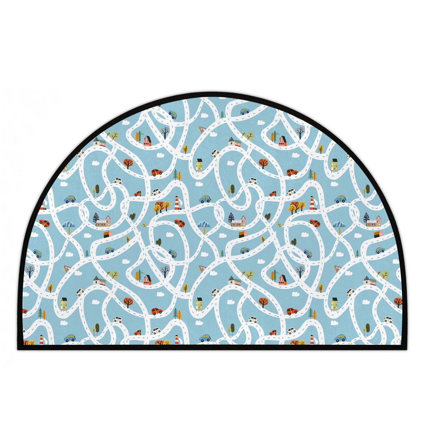 HUXINO Kids Play Mat with Maze City Road Map, Non-Slip Half Circle Rug for Car Play, Interactive Educational Game Mat for Bedroom and Playroom, 36x24 Inch