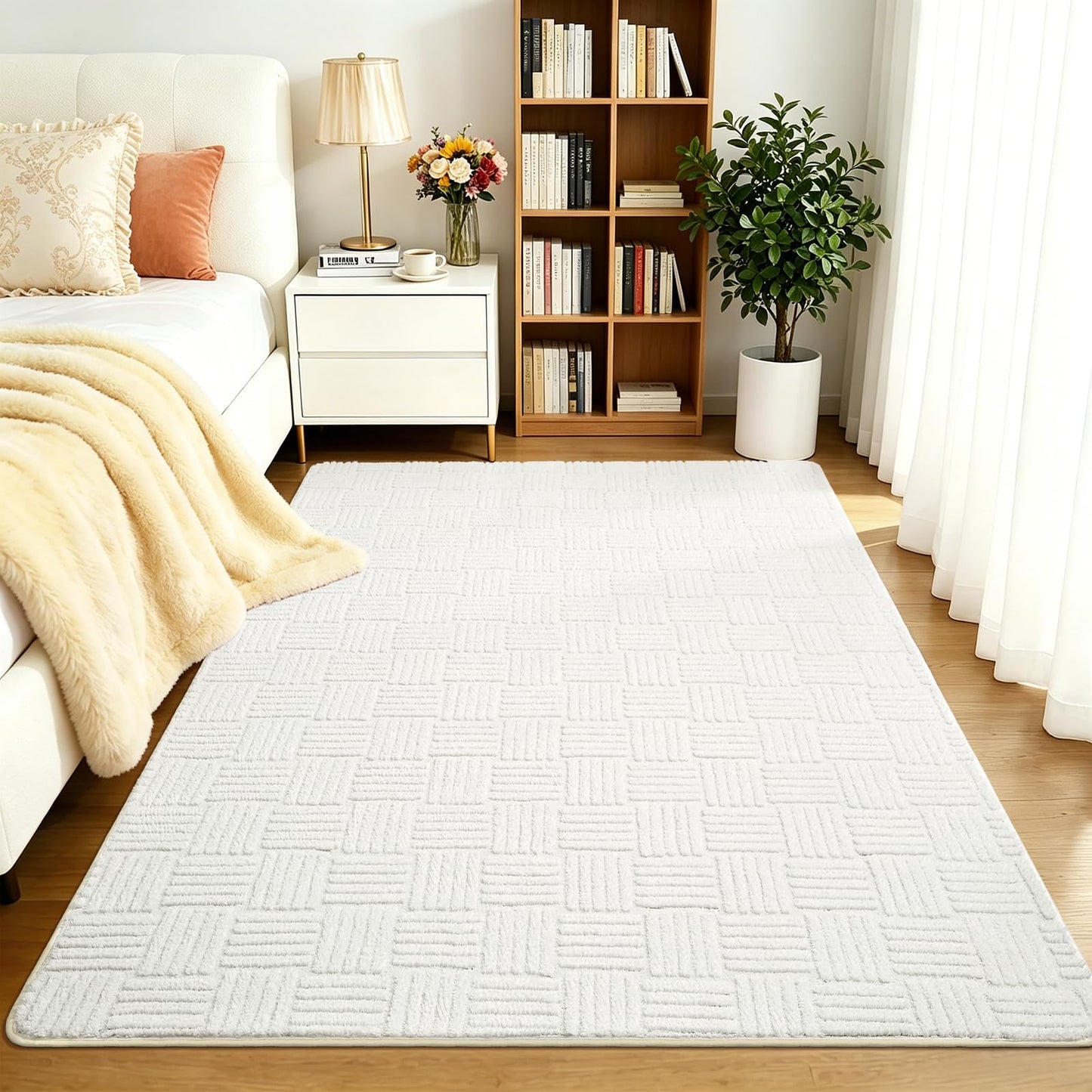 Flagover 3x5 White Washable Shag Area Rug for Girls Bedroom, Modern Geometric Non Slip Living Room Rugs, Soft Carpet for Kids Room, Dorm, Office, Bedside, Entryway and Home Decor