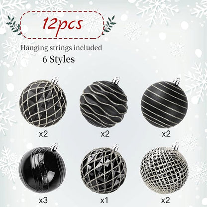 SHareconn 80mm Christmas Balls Ornaments,12PCS Colored Shatterproof Plastic Decorative Hanging Tree Decorations Baubles Set for Xmas Tree Decor Holiday Party Wedding Decoration with Lanyard,Black&Gold