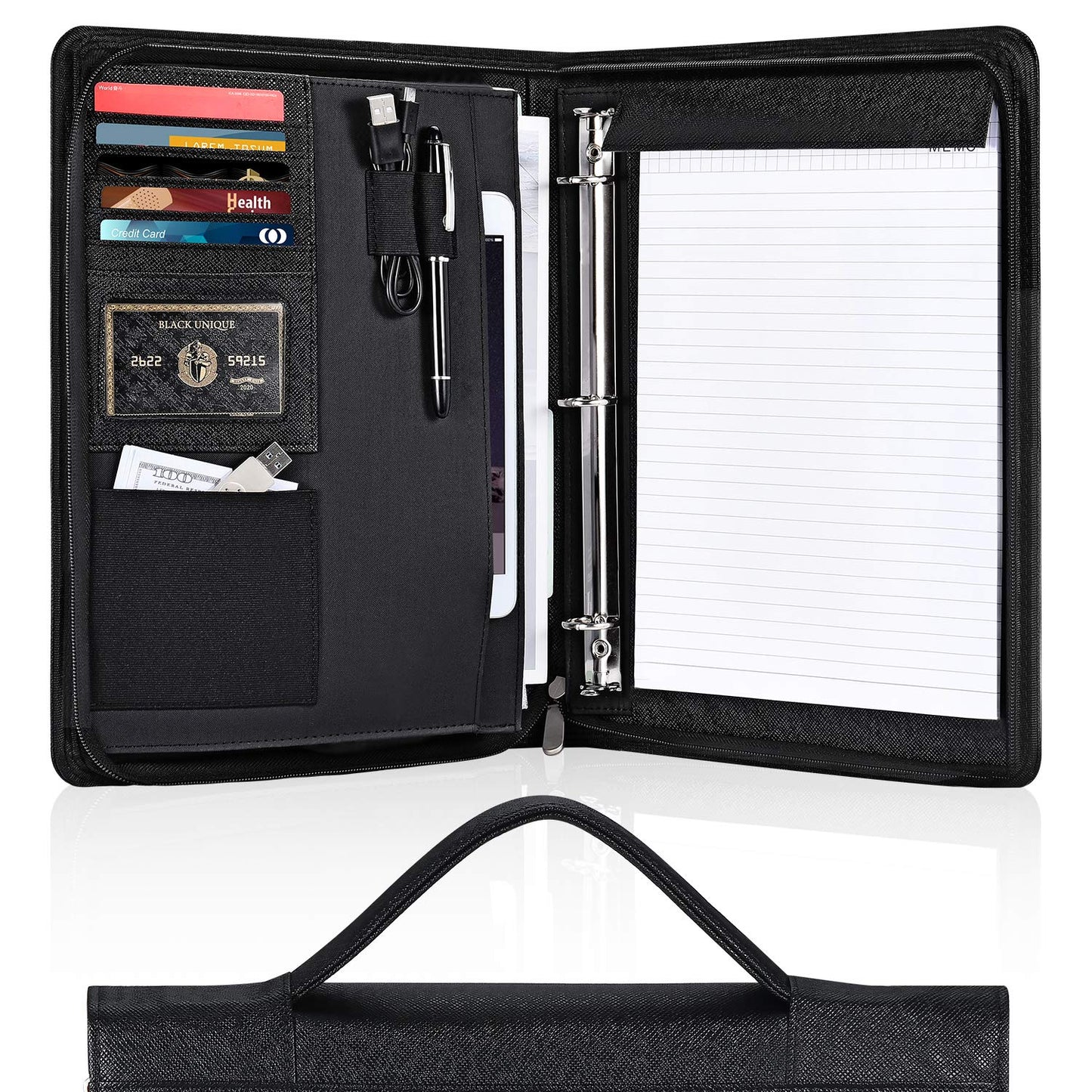 Portfolio Binder, Pacific Mailer 3 Ring Binder Portfolio Organizer with Leather Folder Writing Pad Zipper Business Notebook Binders Tablets Notepads Resumes Documents Holder for Men Women
