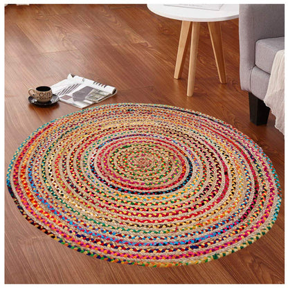 Lightnpro Bohemian Braided Rug 4 Feet Round - Multi Color, Circle Farmhouse Jute Cotton Area Rag Rug for Kitchen, Kids Bedroom, Playroom | Colorful Hand Woven Reversible Pet Friendly Carpet