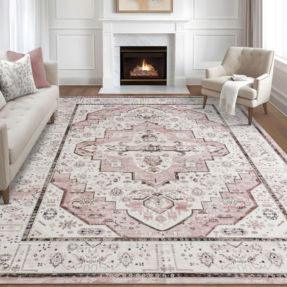DECOMALL Maila Machine Washable Rugs 9x12ft, Traditional Oriental Pink Rug,Vintage Distressed Large Rugs Carpet for Living Room Bedroom