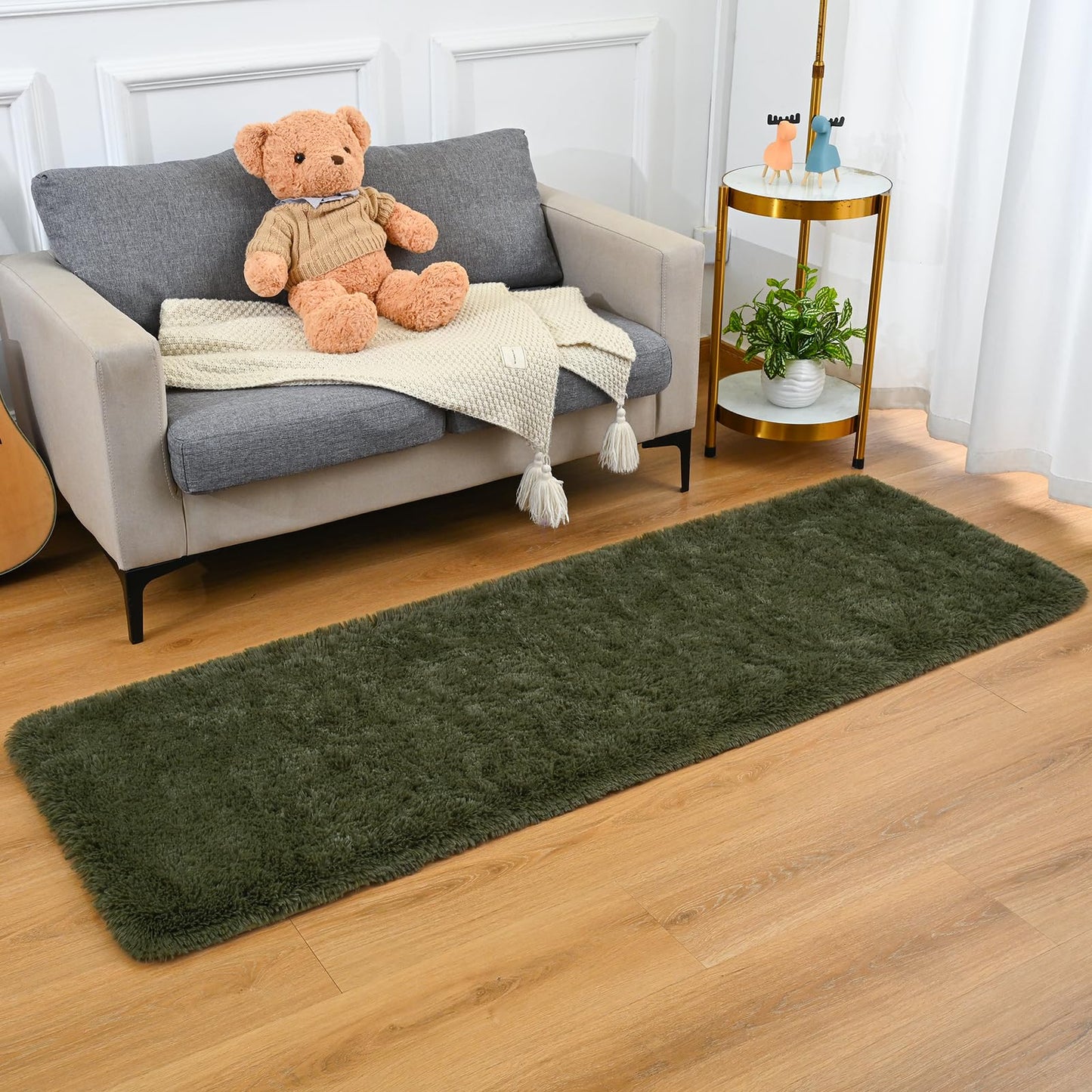 Goideal Fluffy Runner Rug for Bedroom Living Room, 2x6 Olive Green Bedside Rugs, Faux Fur Shag Modern Carpet Ultra Soft Girls Boys Room Home Decor, Solid