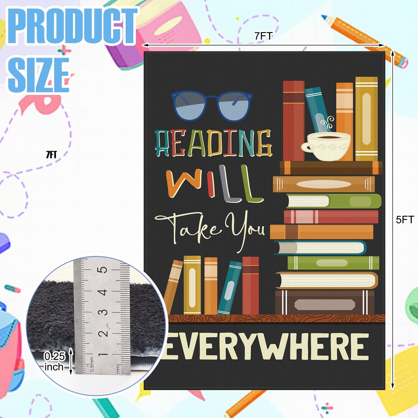 HunnmingRe Vintage Classroom School Rug Library Rug Bookshelf Area Mat Washable Non Slip Soft Fluffy Mat for Classroom Library Living Room Bedroom, 5 x 7 Feet