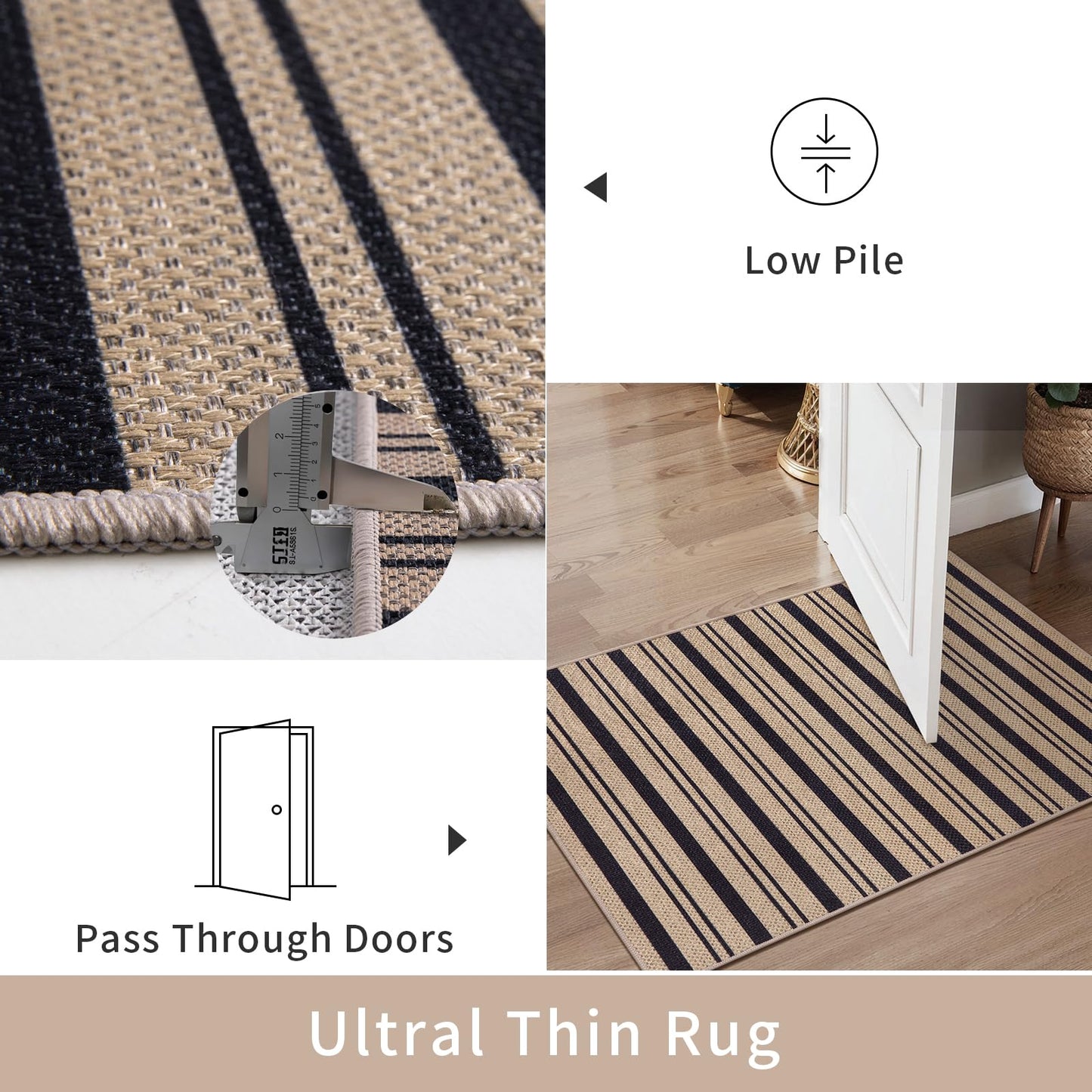 Tangsoo Stripe Easy Jute Rug,Ultra Thin 3x5 Washable Area Rug for Bedroom,Non-Slip Black Indoor Outdoor Rug Modern Farmhouse Low Pile Carpet for Patio Backyard Entryway