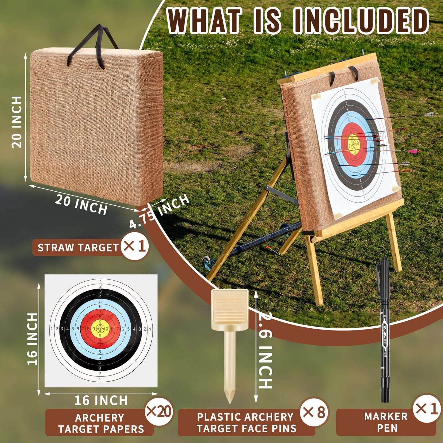 ShinyRelief 20 Inch Adult Backyard Straw Archery Target, for Recurve Compound or Longbow, 20 Pcs Paper Arrow Targets, Traditional Bow Arrow Target for Kids Youth Gift Archery Hunting Practice