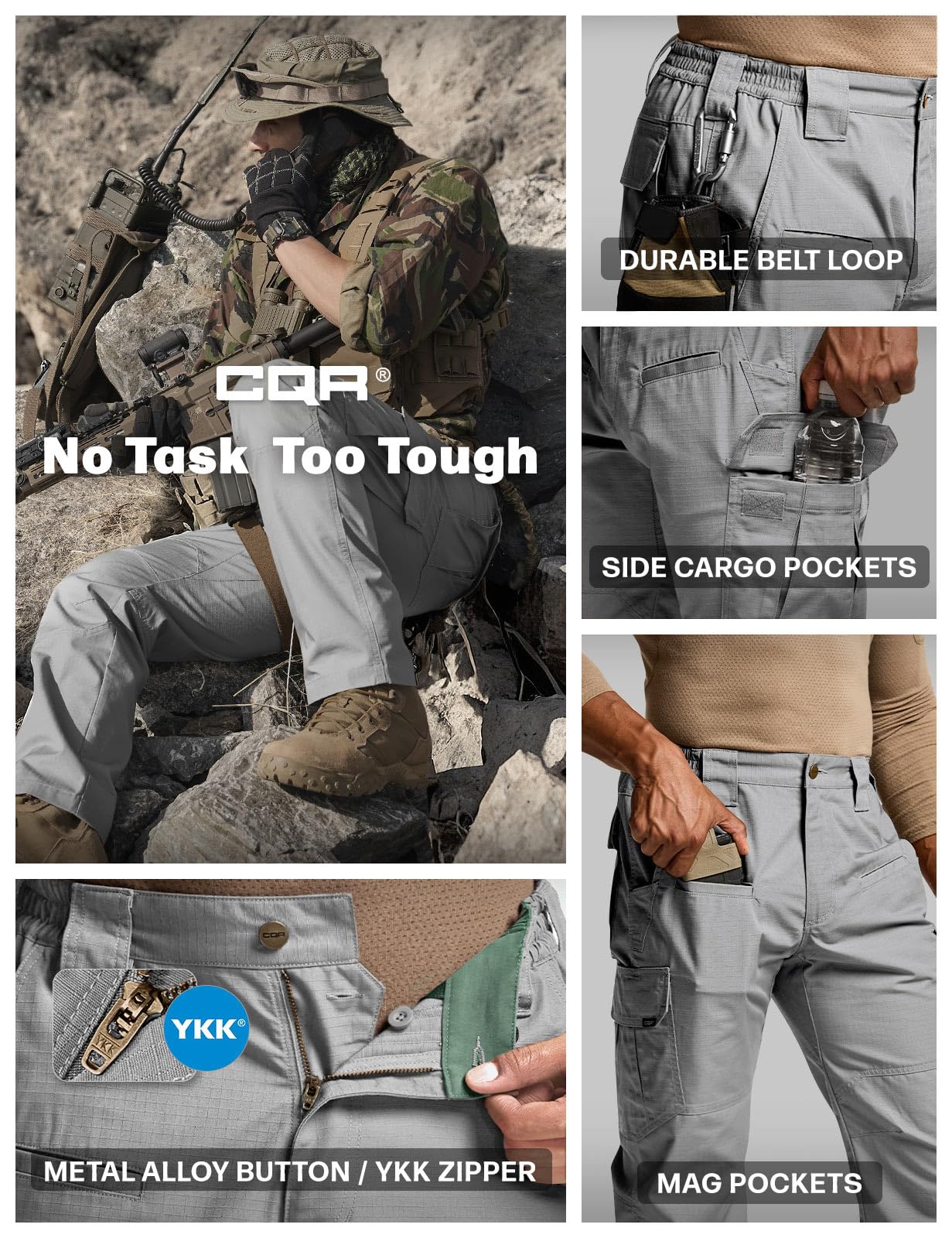 CQR Men's Tactical Pants, Water Resistant Ripstop Cargo Pants, Lightweight EDC Work Hiking Pants, Outdoor Apparel, Raider Stone, 36W x 34L