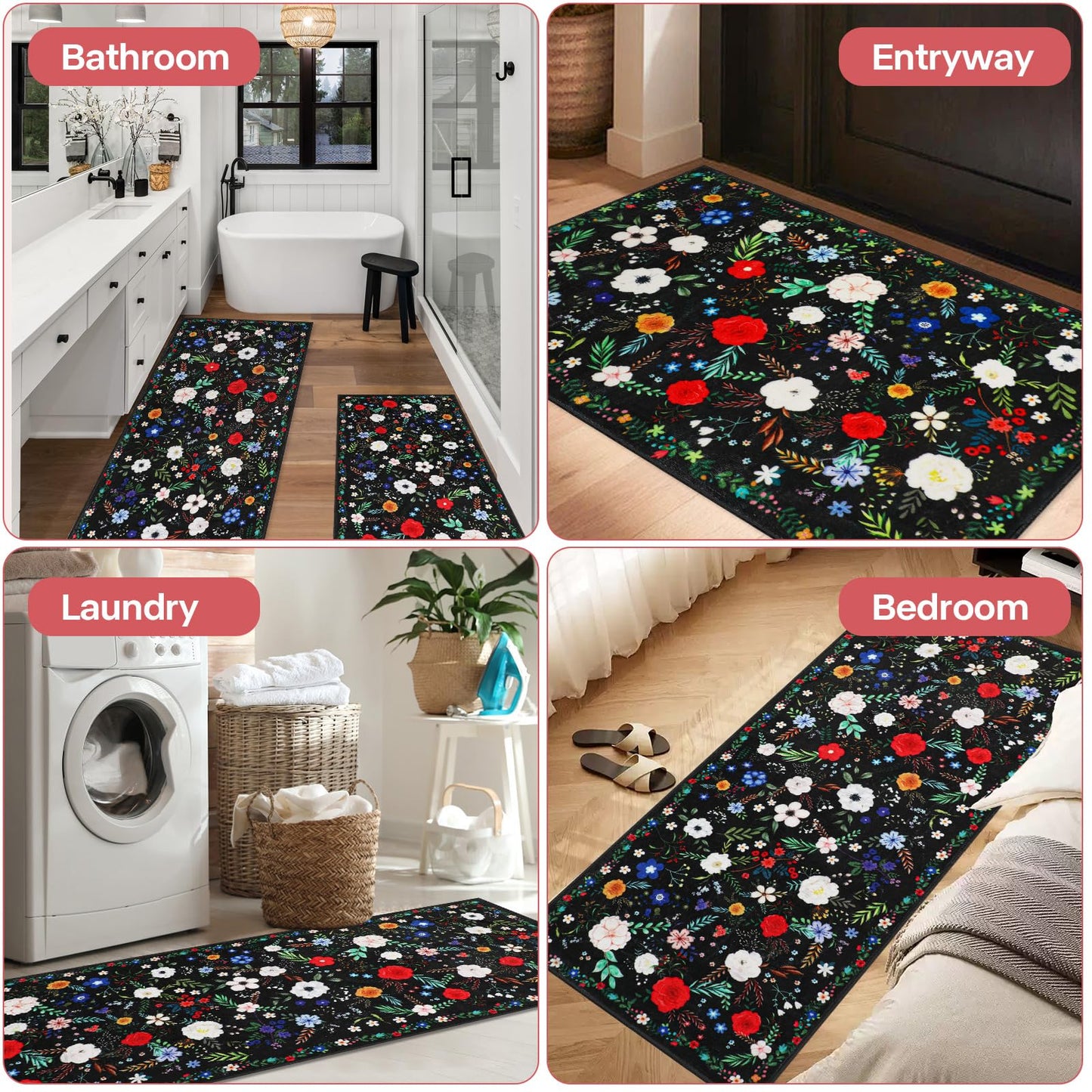 PCSWEET HOME Floral Kitchen Rug Sets 3 Piece, Washable Kitchen Mats for Floor Non Slip Soft Thick Kitchen Floor Mat Carpet Runner Rugs for Hallway Laundry Room, Black