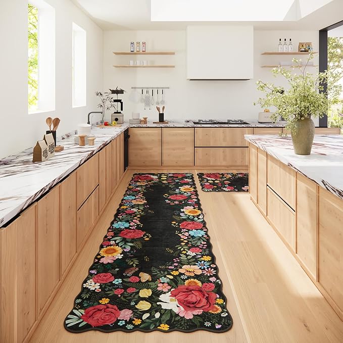 Kitchen Rug Runners for Hallways: 2'6''x10' Washable Runner Rugs for Kitchen Ultra Thin Stain Resistant Non Slip Low Pile Lightweight Vintage Floral Carpet for Farmhouse Decor (Black)