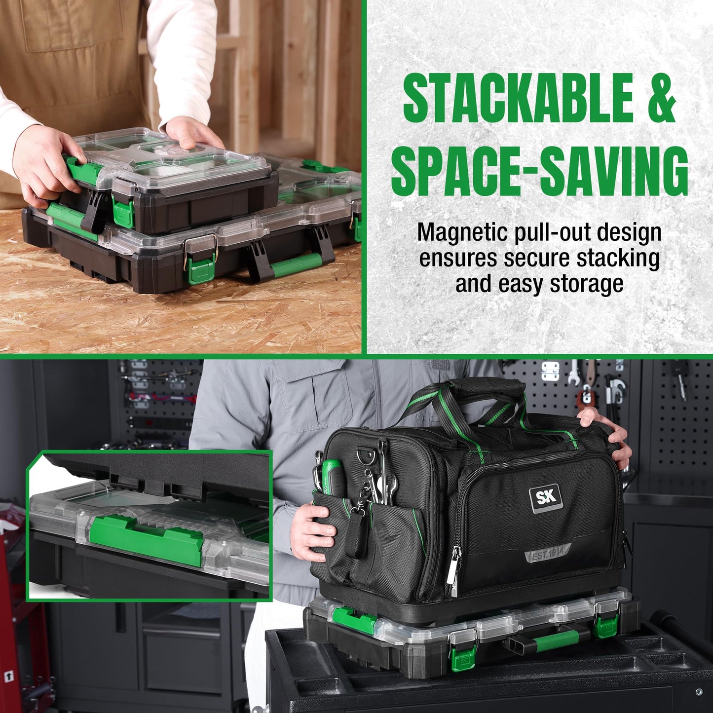 SK 20.5-Inch Small Part Organizer, Stackable Tools Box Organizer with 15 Compartments and Removable Dividers, Transparent Lid, Waterproof & Impact-Resistant Design, for Small Tools and Accessories