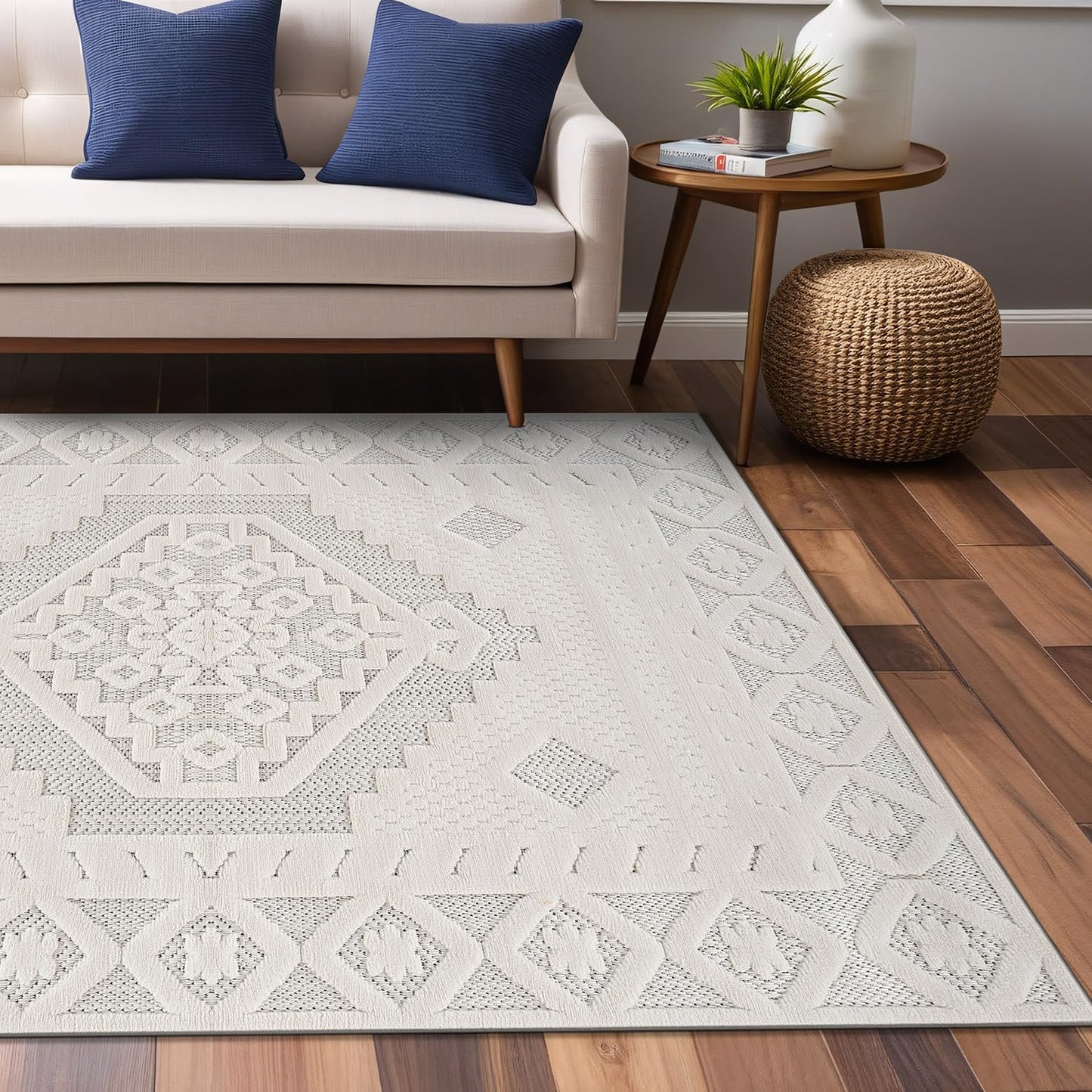 Luul Home Modern Micro Loop Indoor Area Rugs for Living Room Bedroom Kitchen Geometric Trellis White 4x6 Luxury Durable Low and High Pile Non-Shedding Stain Resistant Soft Area Carpet 4 x 6