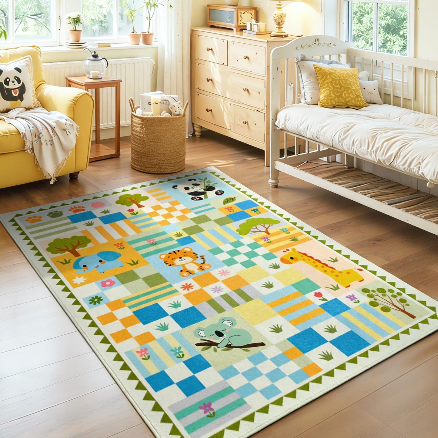 3x4 Washable Kid Playroom Rug, Unisex Green Safari Jungle Woodland Animal Toddler Carpet, Soft Non-Slip Baby Nursery Area Rug with Cute Colorful Checkered Design for Boy Bedroom