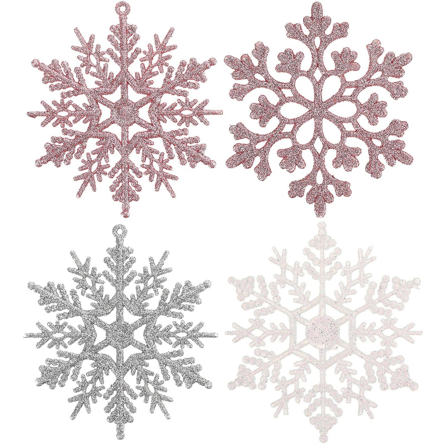 Syhood 48 Pieces Christmas Glitter Snowflake Ornaments 4 Inch Plastic Snowflake Ornaments Hanging Crafts for Christmas Tree Embellishing Party Decorations(Pink, Silver, White